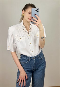 Short Sleeve White Embroidered Blouse, Cottage blouse