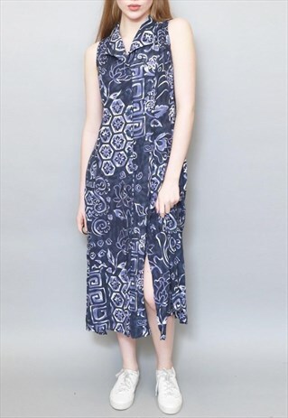 VINTAGE 1990'S MIXED BLUE ABSTRACT PRINT MIDI DRESS