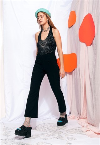 VINTAGE CROPPED TROUSERS 90S HIGH WAISTED BLACK FLARES