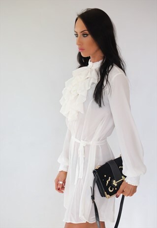 WHITE RUFFLE SHIRT DRESS
