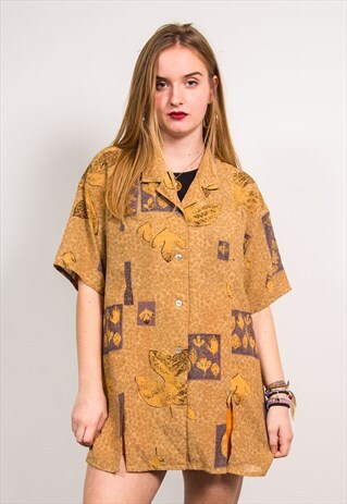 VINTAGE 90'S BROWN LEAF PRINT SHORT SLEEVE SHIRT