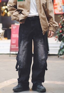 Black Washed Patchwork Cargo Jeans trousers 