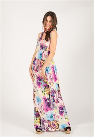 FLORAL PRINT SILKY FEELING MAXI DRESS (PINK)