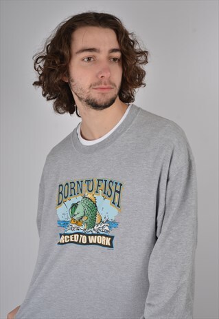 VINTAGE BORN TO FISH USA GRAPHIC PRINT SWEATSHIRT IN GREY