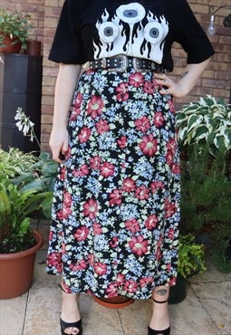 Vintage 90s Black Cottage Floral Flower Festival Midi Skirt