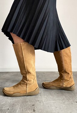 Vintage Y2K 00s real suede patterned knee boots in tan