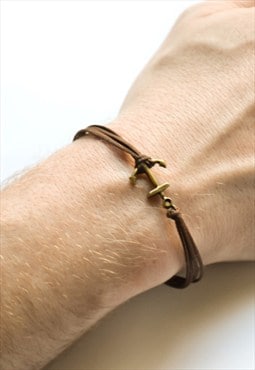 Anchor bracelet for men bronze charm brown cord gift for him