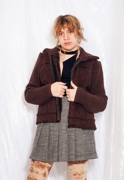 Vintage Shearling Jacket Y2K Faux Suede Knitted Cardigan
