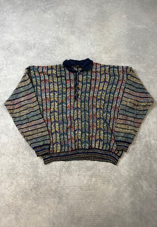 Vintage Abstract Knitted Jumper 1/4 Button Patterned Sweater