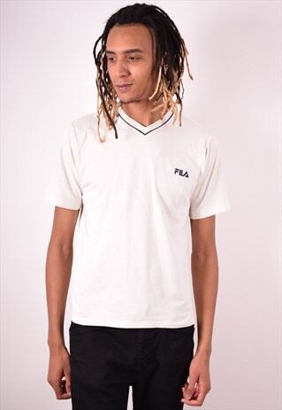 FILA MENS VINTAGE T-SHIRT TOP MEDIUM WHITE 90S