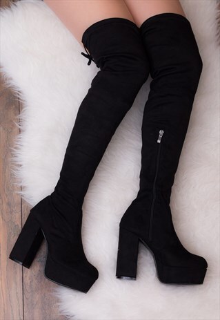 HALLIE PLATFORM BLOCK HEEL OVER KNEE TALL BOOTS- BLACK SUEDE