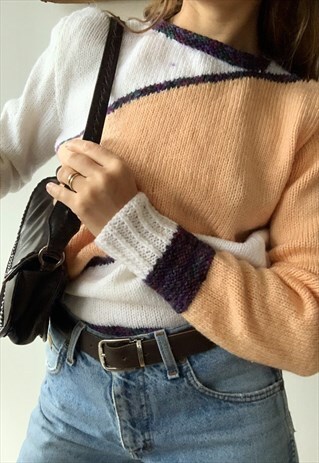 VINTAGE 80S MOD GEOMETRICAL HANDMADE CABLE KNIT JUMPER