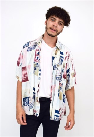 VINTAGE 90S BLUE & RED ABSTRACT PRINT SHIRT