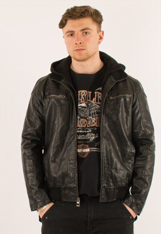 VINTAGE BLACK GUESS LEATHER HOODED JACKET LARGE