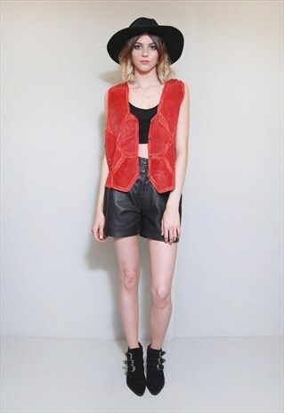 VINTAGE 1970'S CHERRY RED SUEDE PATCH GILET