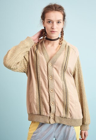 90'S RETRO JAZZY FAUX SUEDE DETAILED DADS KNIT CARDIGAN