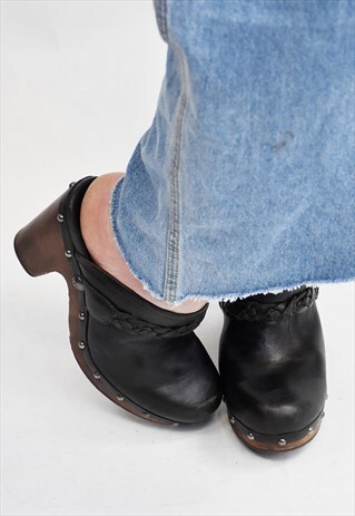 VINTAGE 90S BLACK UGG KAYLEE WOODEN HEEL CLOGS/MULES