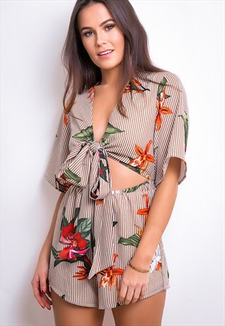 AVA TIE FRONT CUT OUT PLAYSUIT BEIGE STRIPE