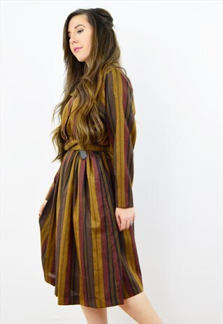 VINTAGE 70S BROWN STRIPED BOHO BELTED MIDI DRESS