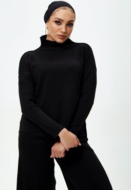 Black Knit Jumper and Wide Leg Trousers Co-ord 