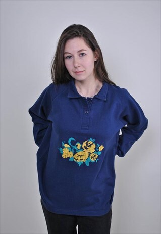 PURPLE FLOWERS PRINT LONG SLEEVE POLO SWEATSHIRT