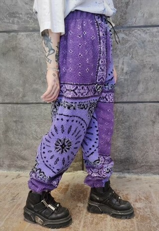 Paisley fleece joggers handmade bandanna overalls in purple