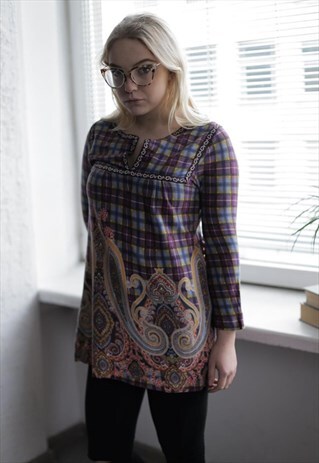 VINTAGE 90'S LONG MULTI COLOUR PATTERNED BOHEMIAN STYLE TOP