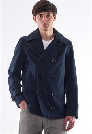 BURBERRY BRIT SHELL MAC PEA COAT NAVY BLUE