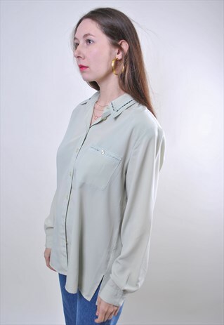 WOMAN VINTAGE GREEN MINIMALIST LONG SLEEVE BLOUSE, SIZE M