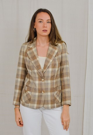 CHECKERED BLAZER VINTAGE 80'S BEIGE PADDED SHOULDERS JACKET