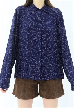 90s Vintage Navy Polka Dot Shirt Blouse (Size XL)