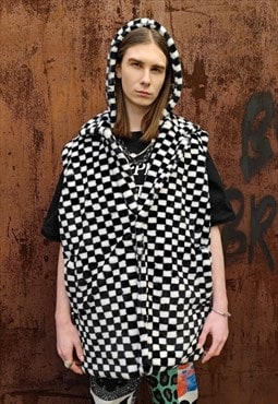 Chequerboard fleece gilet handmade hoodie check jacket black