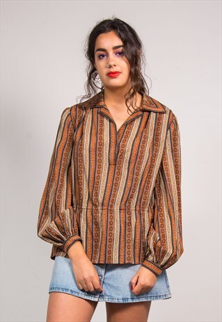 VINTAGE 90'S BROWN BATIK PATTERN BOHO OPEN COLLAR BLOUSE