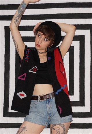 VINTAGE 80'S ABSTRACT PATTERN SLEEVELESS CARDIGAN