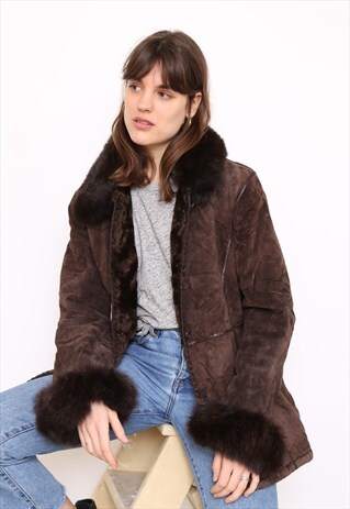 VINTAGE 80S BROWN SUEDE FAUX FUR COAT