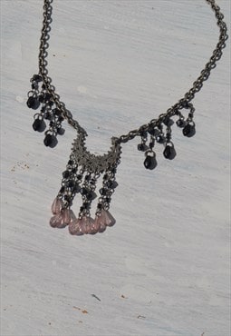 Deadstock boho silver metallic/plastic beaded chain necklace