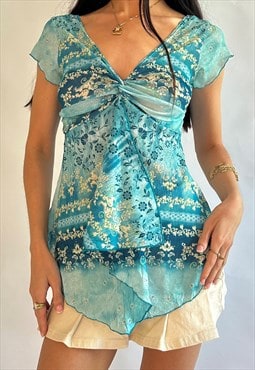 00s Turquoise Floral Print Mesh Twisted Front Ruffle Blouse