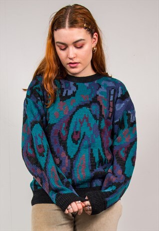 VINTAGE 90'S GREEN & PURPLE ABSTRACT PATTERN KNIT JUMPER