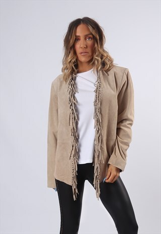 TASSEL FRINGE SUEDE LEATHER JACKET UK 14 (FBL)