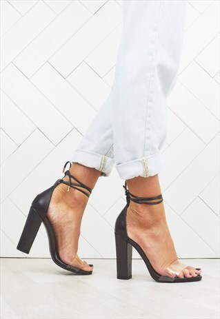 KRYSTAL BLACK CLEAR PERSPEX LACE UP BLOCK HEELS
