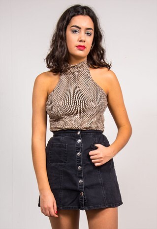VINTAGE 90'S BROWN PATTERN SPARKLE HALTER NECK TOP