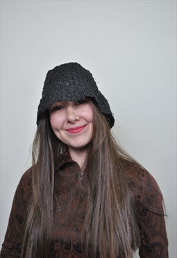 Vintage knitted bucket hat, 80s women black knit victorian 