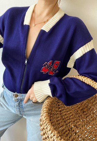 VINTAGE 80S COLLEGE VARSITY FULL ZIP KNIT CARDIGAN SWEATER