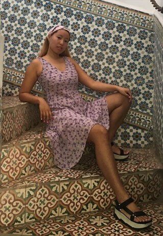 PURPLE SILK SUMMER FLOATY FLORAL DRESS