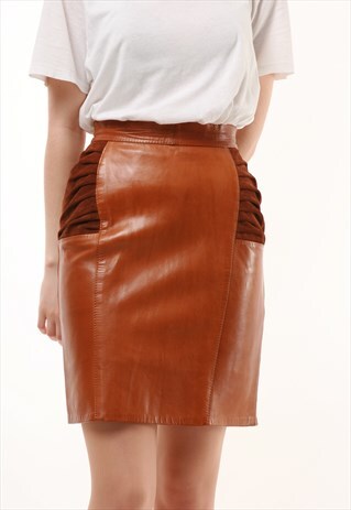 90S VINTAGE BROWN HIGH WAISTED MOM PENCIL LEATHER SKIRT 623