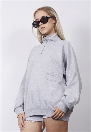 VINTAGE 80'S CHAMPION GREY ZIP-UP POCKET SWEATER