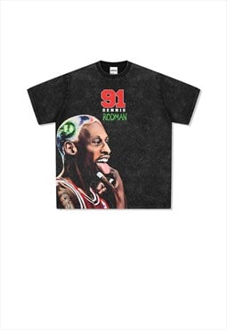 Black Washed Dennis Rodman Graphic Cotton fans T shirt tee