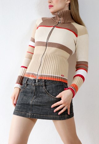 Y2k Vintage High Neck Double Zip Up Cardigan Striped S 