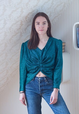 GREEN AND BLACK SHIMMERY STRIPED VINTAGE BLOUSE