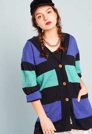 80'S RETRO COLOUR BLOCK OVERSIZED SLOUCHY KNIT CARDIGAN